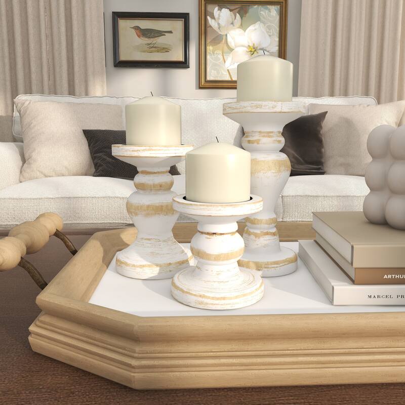 Brown or White Wood Beaded Pillar Candle Holder (Set of 3)