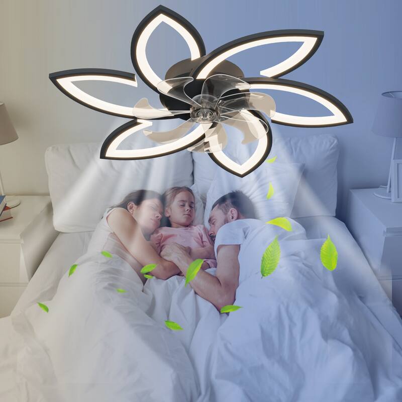 Remote Control Flower Ceiling Fan with LED Light & Reversible DC Motor, Flush Mount Ceiling Fan with Dimmable Color Light - Black