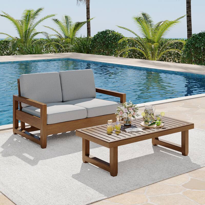 Teak Loveseat Patio Set with Cushions and Table (2-Piece) - Light Grey/Brown wood - Coffee table