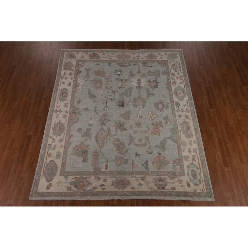 Blue Floral Oushak Turkish Area Rug Handmade Wool Carpet - 8'0"x 9'7"