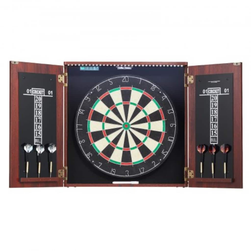 Retro Woodgrain Sisal MDF Dartboard Cabinet with LED & Scoreboard – 18" - 43.3" x 4.3" x 21.3"