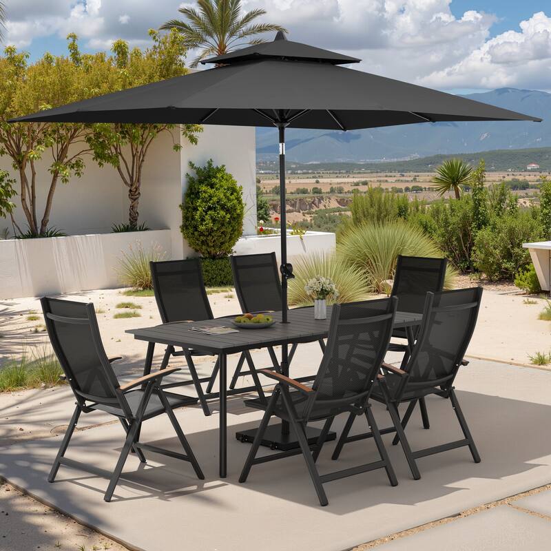 9PC Outdoor Patio Dining Set Aluminum Table with Folding Armchairs w/ Premium Market Umbrella Sets - GreyTable&BlackChairs&BlackUmbrella
