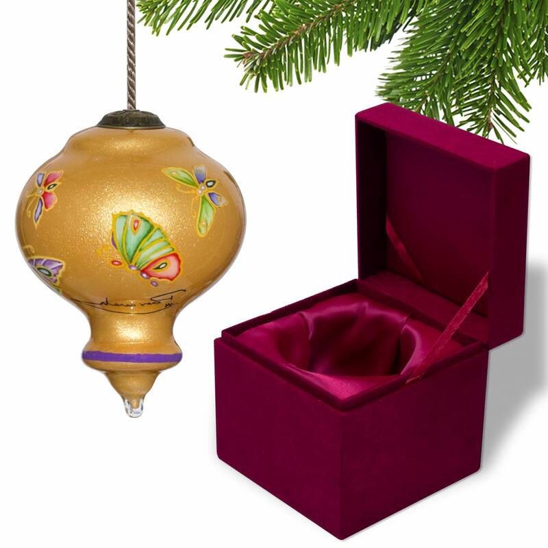 HomeRoots Golden Extravagant Butterflies Hand Painted Mouth Blown Glass Ornament - 3.75" x 2.75" x 2.75"