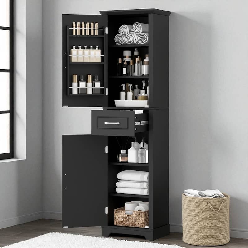 Tall Bathroom Storage Cabinet with Adjustable Shelves, Freestanding MDF Organizer with Drawer and Two Doors, Black