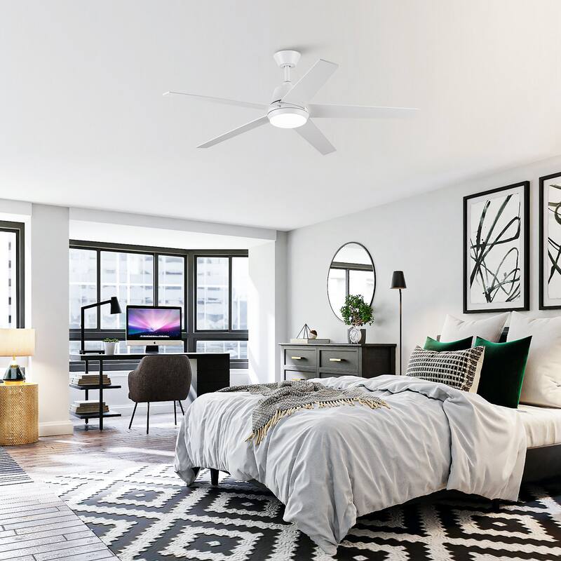 52-inch Modern Plywood 5-blade White Ceiling Fan with Light and Remote