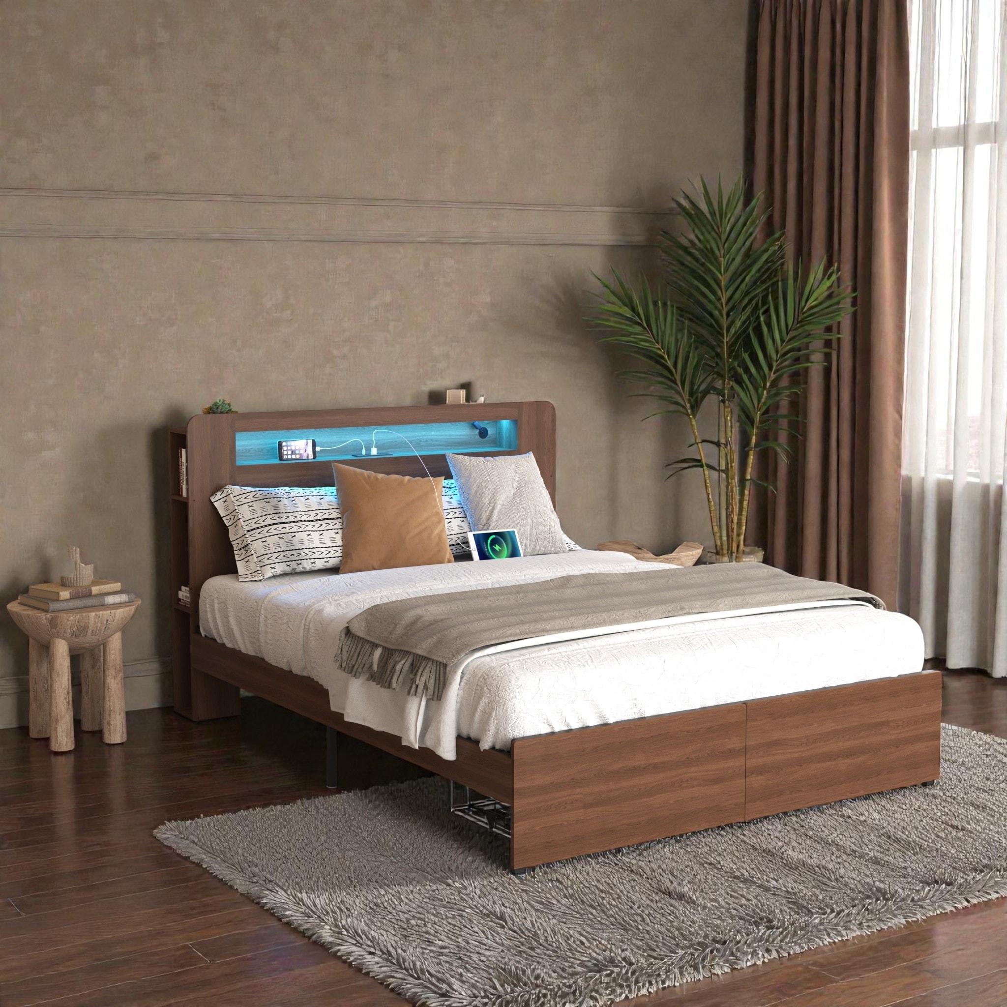 Full or Queen Wood Platform Bed Frame with LED Storage Headboard, Drawers, Charging Station, No Box Spring Needed