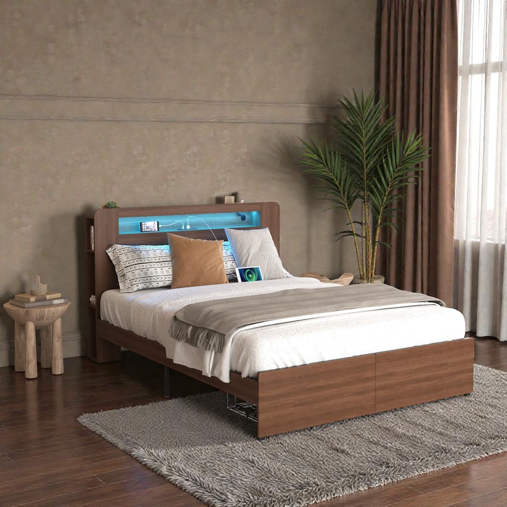Full or Queen Wood Platform Bed Frame with LED Storage Headboard, Drawers, Charging Station, No Box Spring Needed