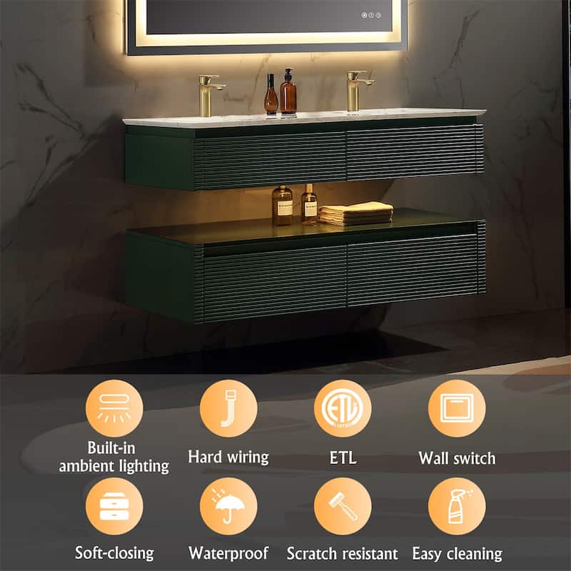 48 Inch Solid Wood Wall-Mounted Bathroom Vanity Set in Green/ White with Engineered Stone Top and Ceramic Sink