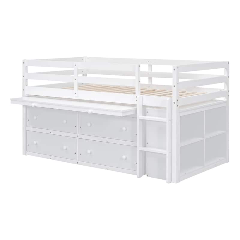 Loft Bed with Retractable Writing Desk and 4 Drawers, Wooden Loft Bed with Lateral Portable Desk and Shelves - White