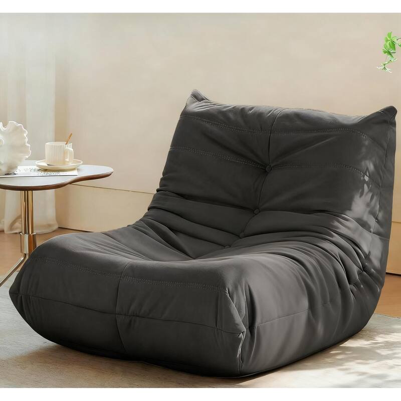 Corduroy Upholstered Oversized Ergonomic Curved Design Button-Tufted Comfy Bean Bag Lazy Sofa for Living Room - Grey