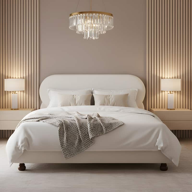 Christopher Knight Home - Havenport Modern Boucle Upholstered Bed Frame with Rubberwood Legs and Oval Shaped Headboard - White - King