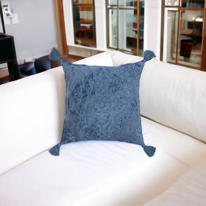 HomeRoots 20" X 20" Blue Damask Cotton Blend Zippered Pillow With Tassels - Accent - Polyester