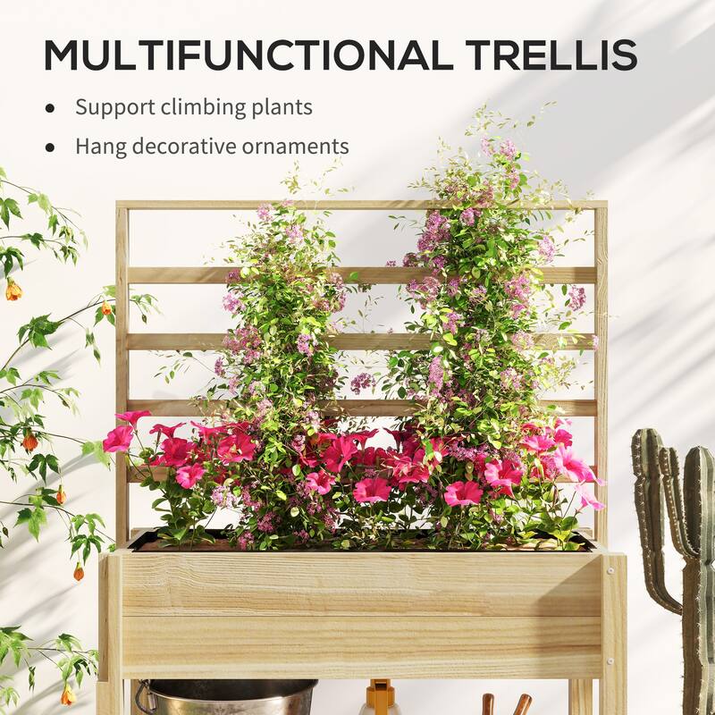 Outsunny Wooden Raised Garden Bed w/ Trellis, Elevated Planter Box w/ Storage Shelf, Drainage Holes & Liner, Outdoor Flower Box