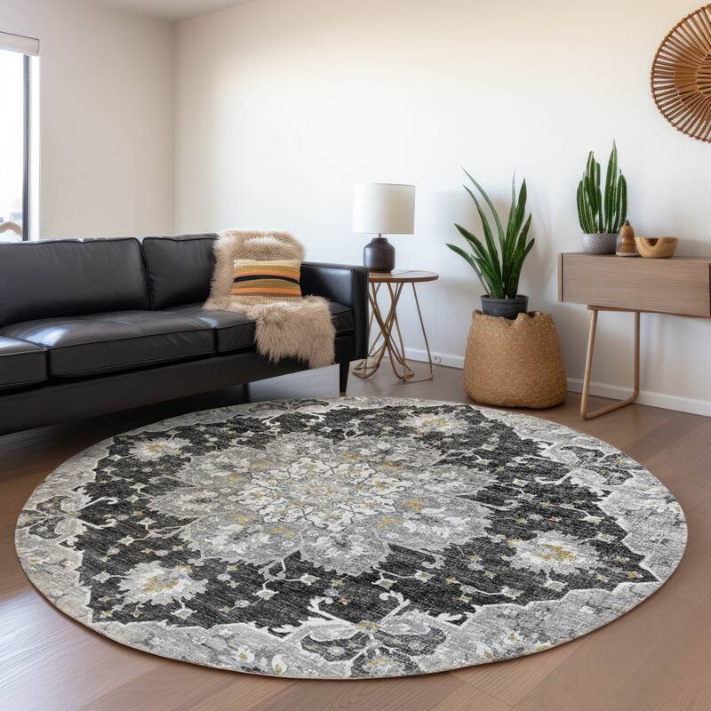 Premium Washable Super Soft Traditional Heriz Mayfield Rug - Shadow - 8' x 8' - Round
