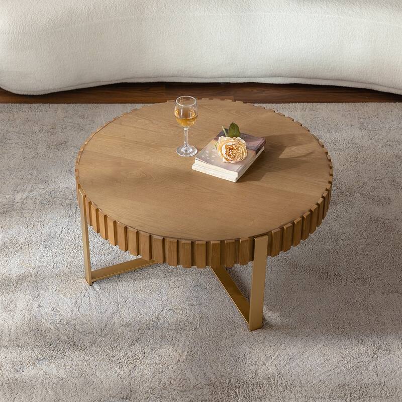 Round Wooden Handcrafted Relief Coffee Table with Sturdy Base
