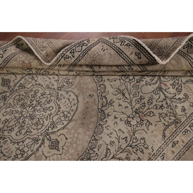 Distressed Tabriz Vintage Persian Rug Hand-Knotted Beige Wool Carpet - 6'6" x 9'11"