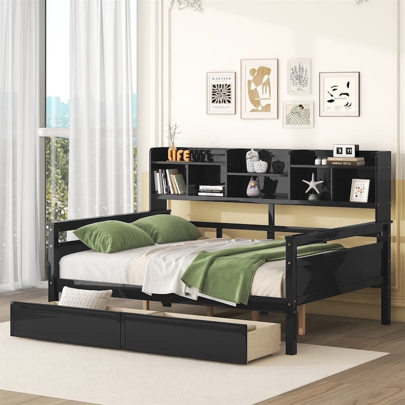 Twin/Full size Daybed with Shelves and Two Drawers