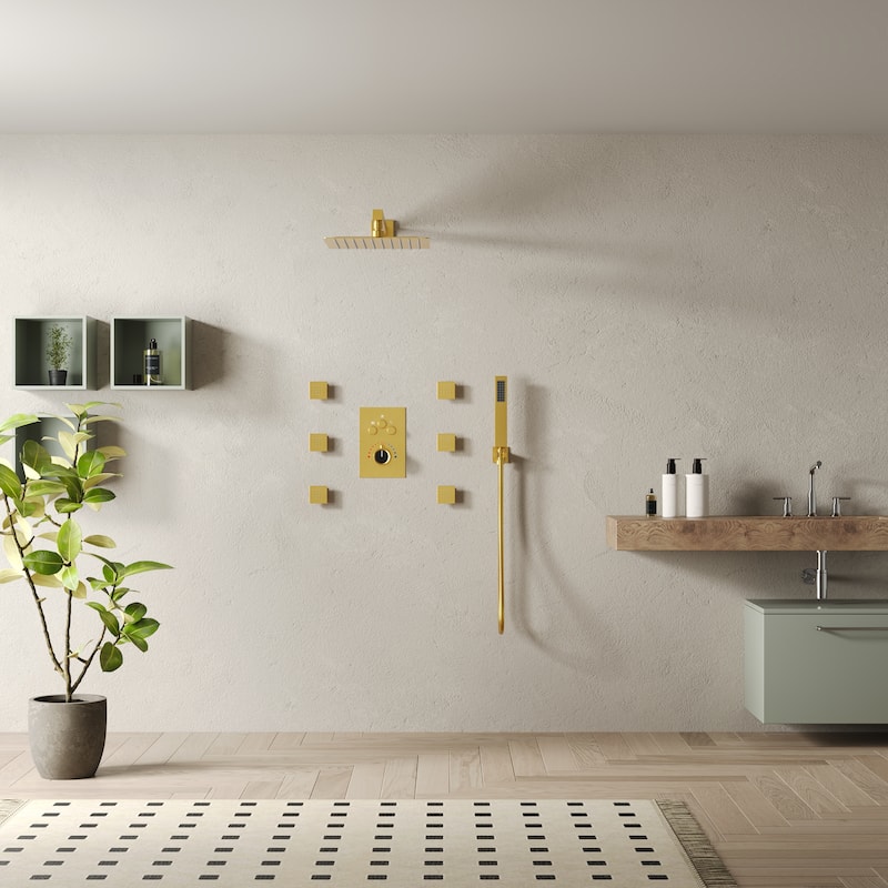 Thermostatic Shower System 12" Rain Shower Head with High Pressure Handheld Spray