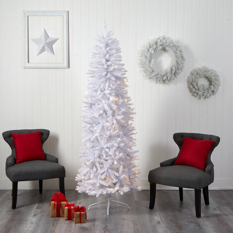 7’ Pre-Lit Slim White Artificial Christmas Tree, Warm Clear LED Lights - 7 Foot