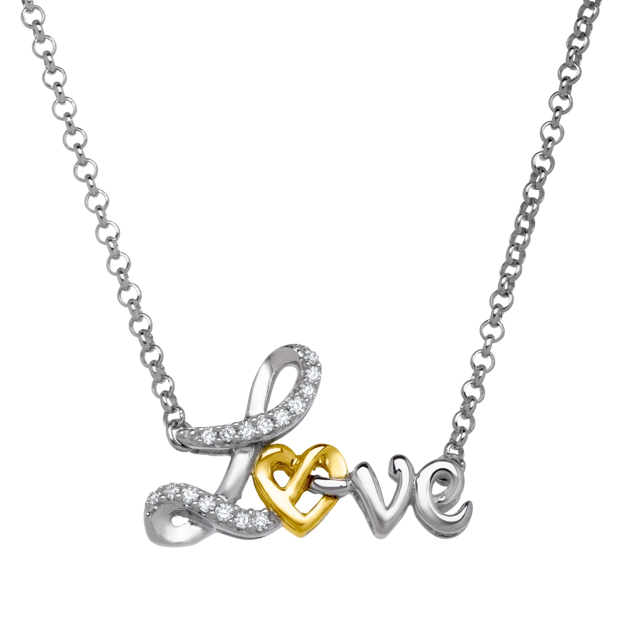 Script /'Love/' Necklace with Diamonds in Sterling Silver /& 14K Gold