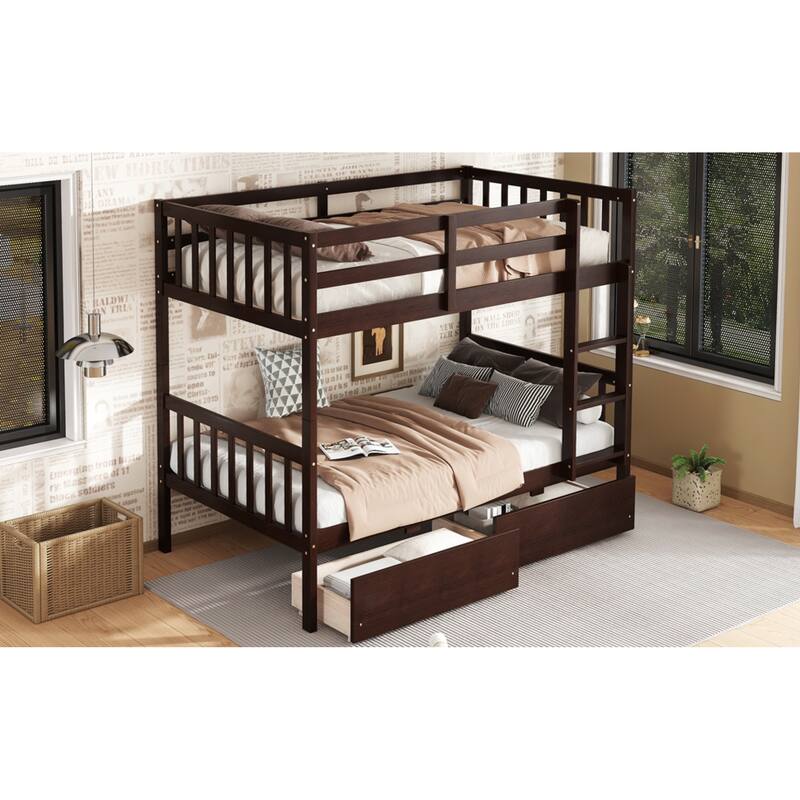 Roomfitters Twin Over Twin Rubber Wood Bunk Bed with Underbed Storage, Convertible to 2 Twin Beds, Ladder & Guardrails