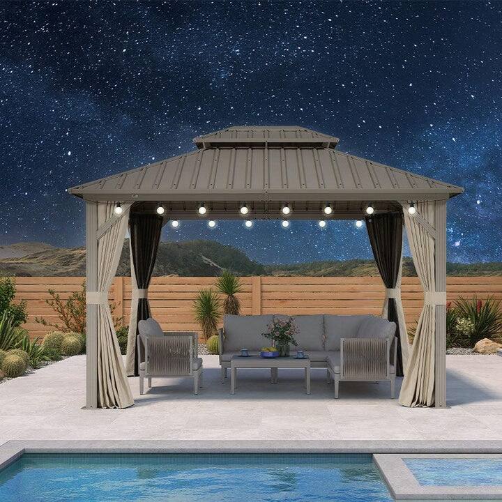 PURPLE LEAF Outdoor Hardtop Gazebo Champagne Metal Frame Galvanized Steel Double Roof with Curtains and Netting for Poolside - 12' x 14' - Gold with Light