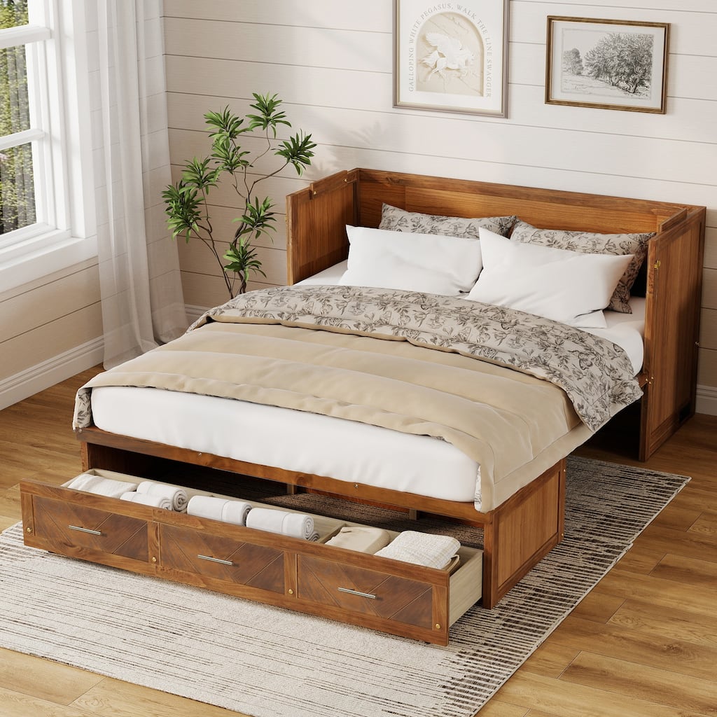 GDFStudio Seraphine Vale Queen Murphy Bed Cabinet with USB Charging, Geometric Decoration, Pine Wood
