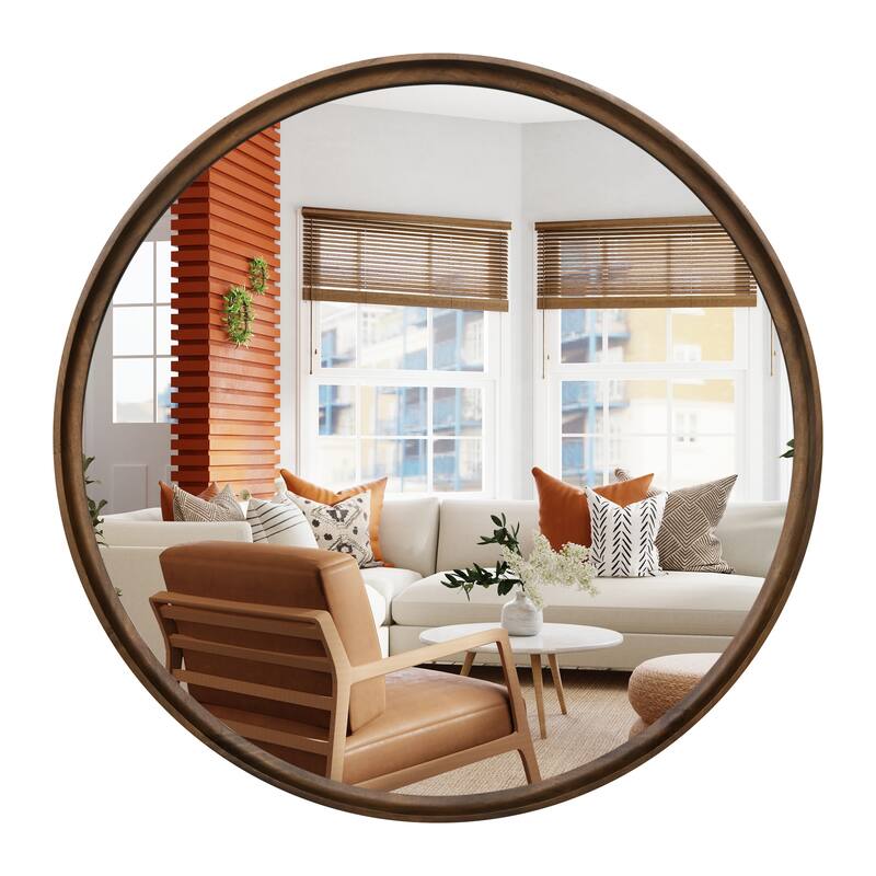 High Quality Wooden Frame Farmhouse Traditional Style Round Wall Mirror - 26 inches - Antique Brown