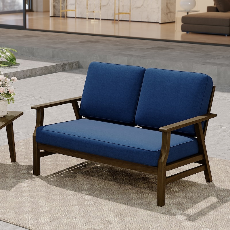 Modern Wood Cushioned 5-Piece Outdoor Patio Conversation Set - 2-Seat Loveseat - Navy