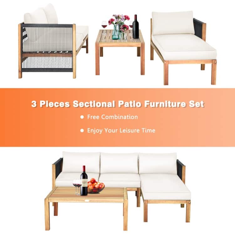 3 Piece Patio Acacia Sofa Set with Nylon Armrest - 52" x 26" x 25"(L x W x H)