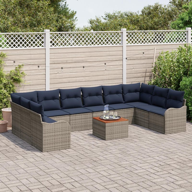 vidaXL 11 Garden Sofa Set with Cushions Black/Grey Poly Rattan - 135.4 x 69.9 x 27.2