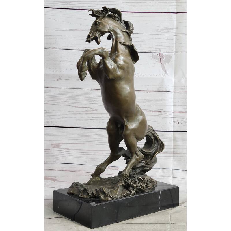 Rearing Imitative Horse Bronze Metal Statue Sculpture Figure On Marble Base