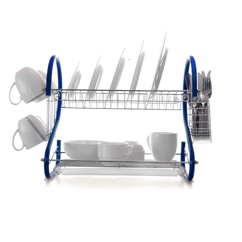 MegaChef 16 Inch Double Shelf Countertop Dish Drying Rack in Blue