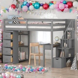 Twin Size Wooden Loft Bed With 4 Storage Drawers,Desk,Shelves and Stairs