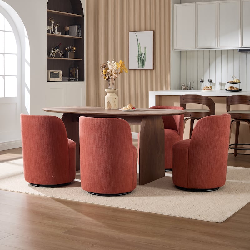 Set Of 1 Upholstered Barrel Chair, Mid Century Modern Round Linen Dining Chair, 360 Degree Swivel Side Chair for Dining Room