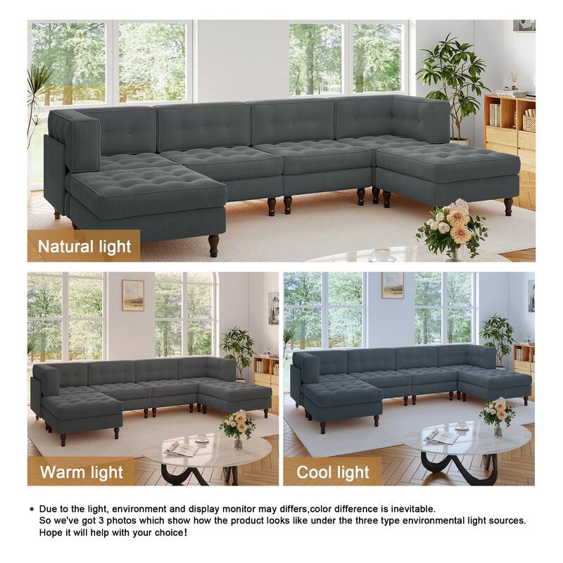 130"W Corduroy Upholstered Modular Sectional Sofa with Storage Ottoman