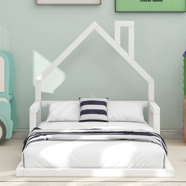 slide 2 of 11, Modern Simple Twin Size White Wood Floor Bed w/ House-shaped Headboard Upholstered Bed Frame,Space-Saving/No Box Spring Required White