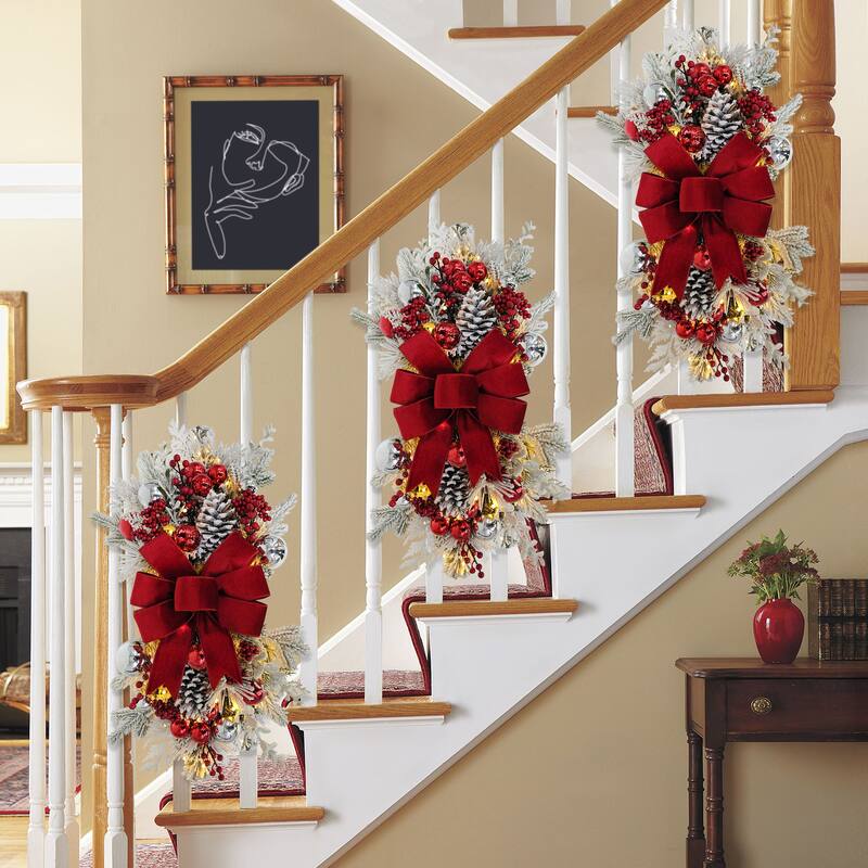 Puleo International 28" Pre-Lit Adorned Flocked Artificial Banister Swag with 70 Warm White Lights