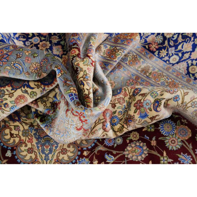 Hand Knotted Oriental 100% Silk Carpet Traditional Floral Red Qum Area Rug - 13' 2'' X 9' 7''