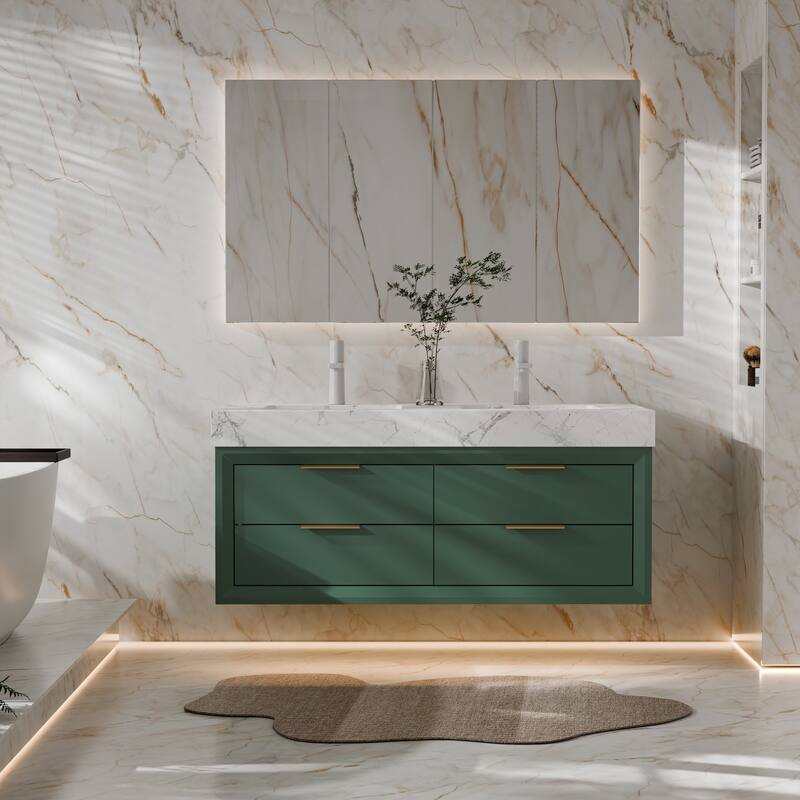 Modland 48" Floating Double Sink Bathroom Vanity with White Stone Countertop, Soft-Close Drawers, LED Lighting - Green