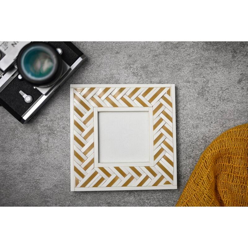 Square Herringbone Picture Frame - for 4" x 4" Photo - White and Gold - 4-inchx4-inch