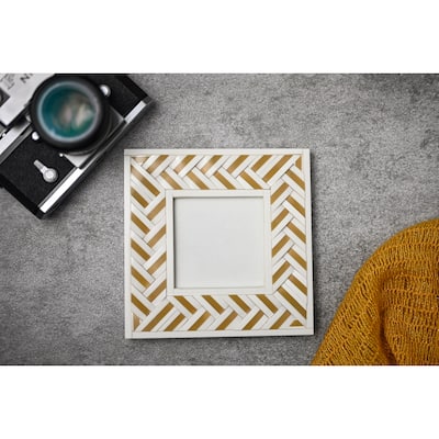 Square Herringbone Picture Frame - for 4" x 4" Photo - White and Gold - 4-inchx4-inch