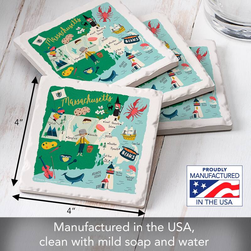 Massachusetts Home 4-Pack Absorbent Stone Coasters with Protective Cork Backing 4" Square Made in The USA Easily Wipes Clean