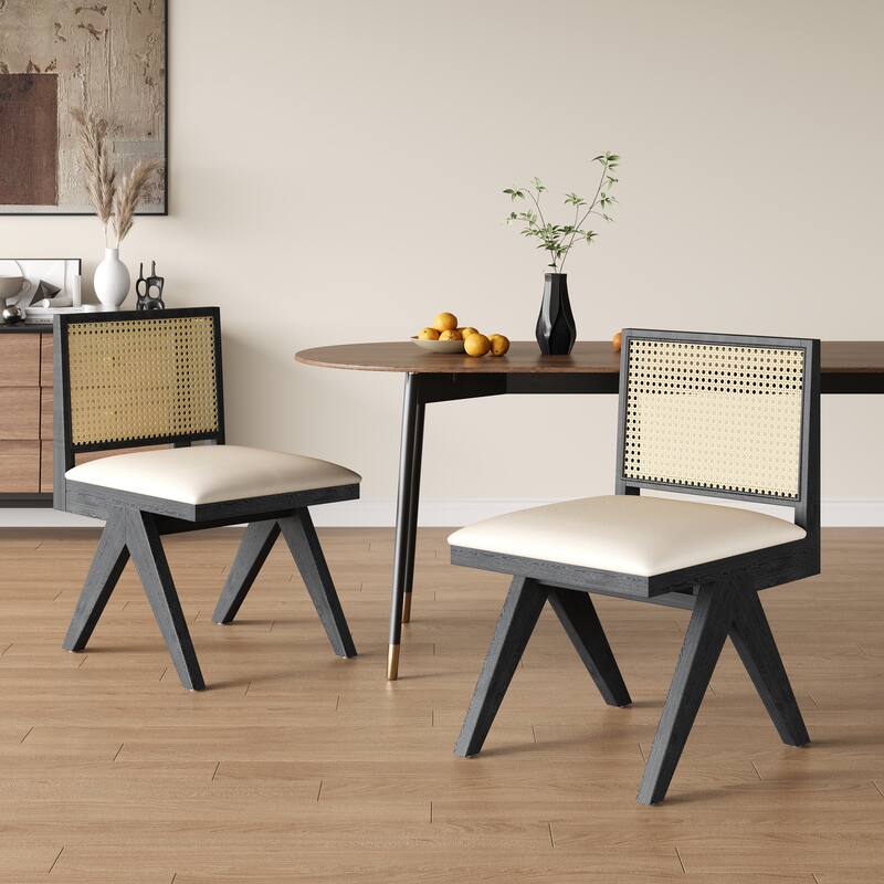 Rattan Bohemian Kitchen Chairs Armless Side Chairs, Set of 2 - Black Natural Grey