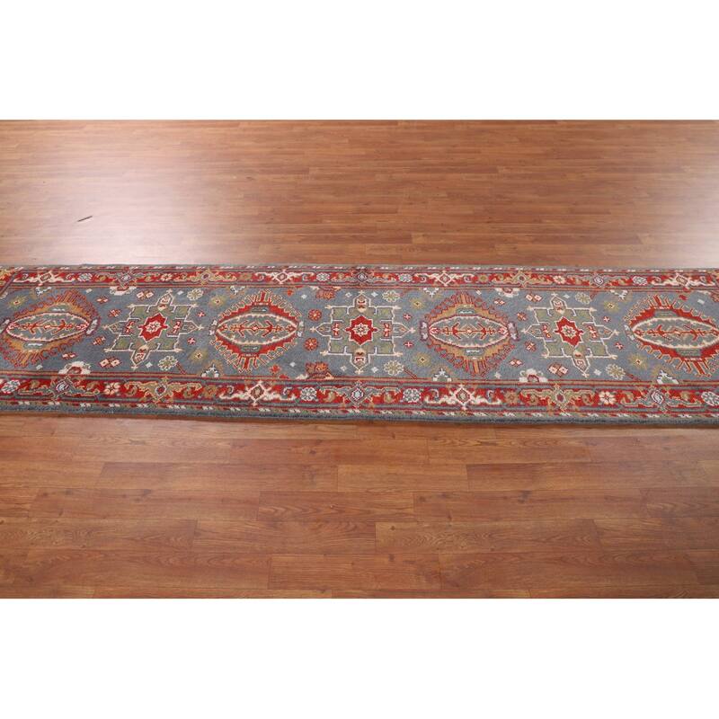 Blue Geometric Khotan Oriental Runner Rug Handmade Wool Carpet - 2'6"x 10'0"