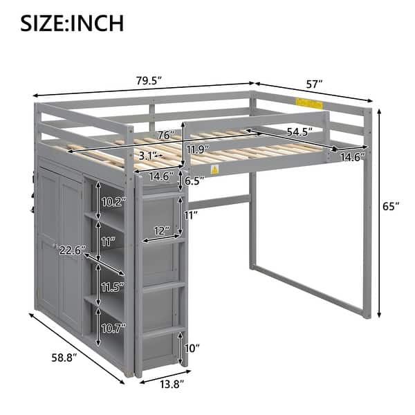 dimension image slide 0 of 2, Wood Full Size Loft Bed with Built-in Wardrobe and Storage Shelves