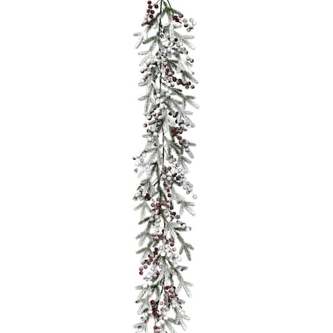 Fraser Hill Farm 9-Ft. Flocked Decorative Garland with Red Berries - 9 Foot