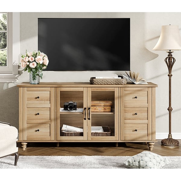 WAMPAT Glass Door Farmhouse TV Stand for TVs Up to 75 inch, Wood Universal TV Console Table - 58''