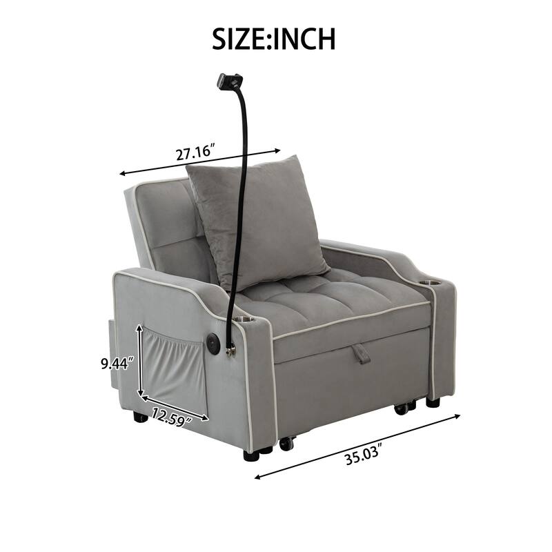 Convertible Single Chair Bed, Sleeper Sofa Bed with Phone Holder & USB Ports,Pull Out Couch Bed with Adjustable Recliner