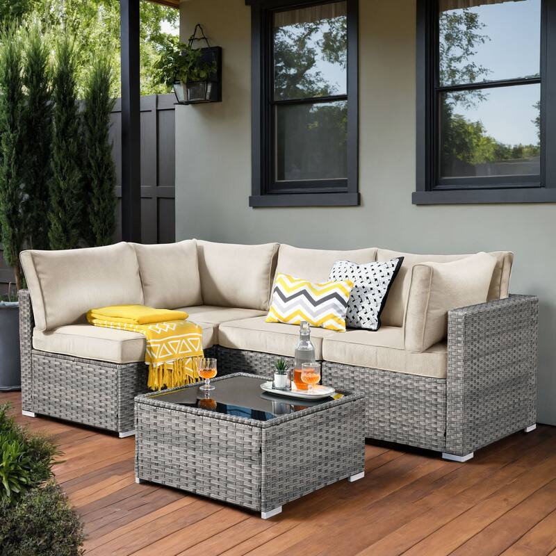 OVIOS 5-Piece Low-profile Deep Seat Wicker Outdoor Patio Furniture Set - Beige